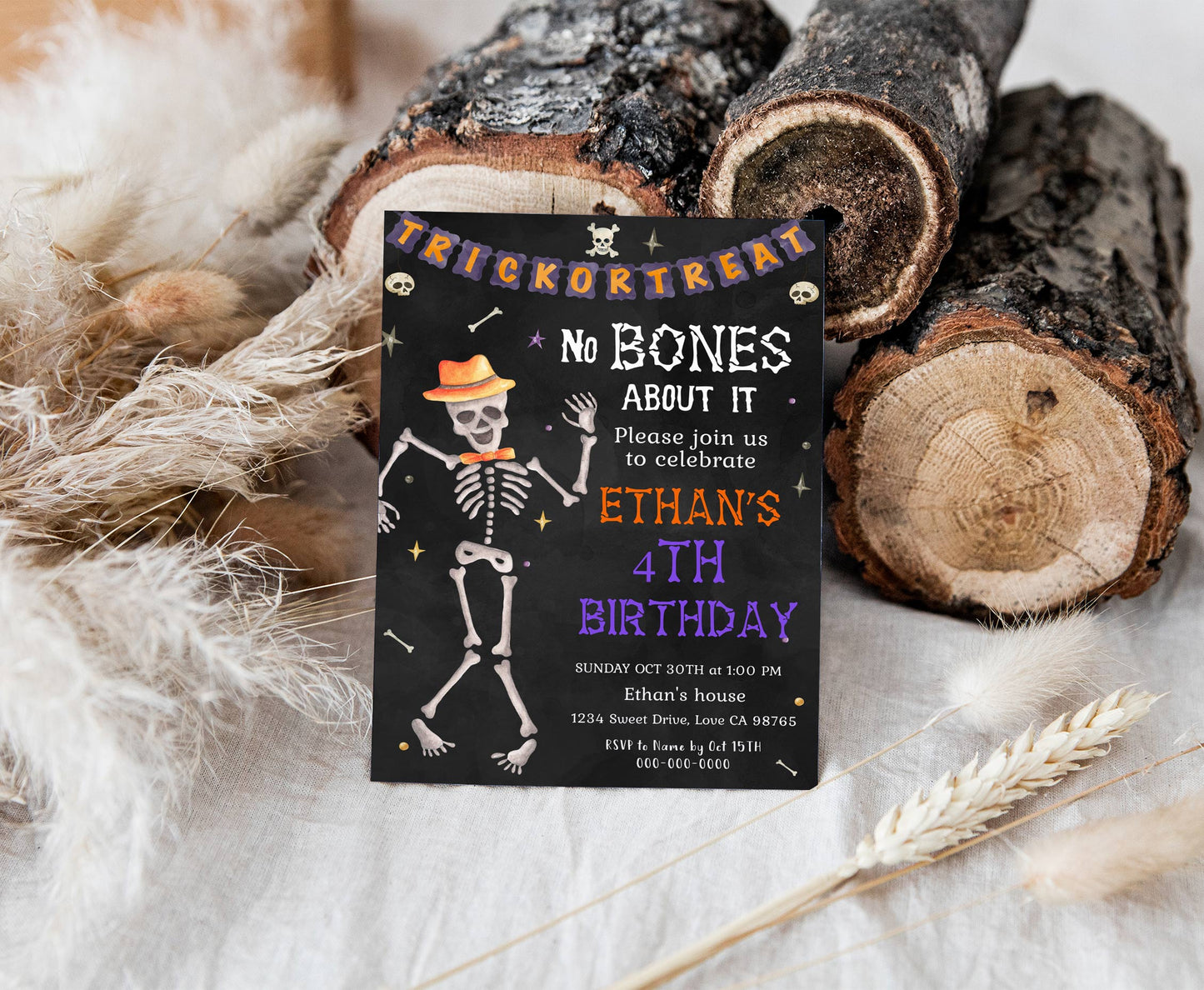 Skeleton Party Invitaton | Halloween Birthday Party Invite - 115P