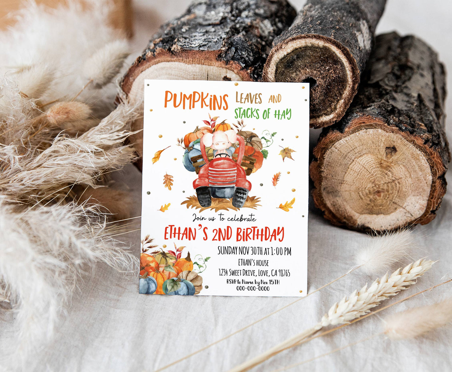 Pumpkins leaves and stacks of hay Invitation | Editable Pumpkin Truck Invite - 30L