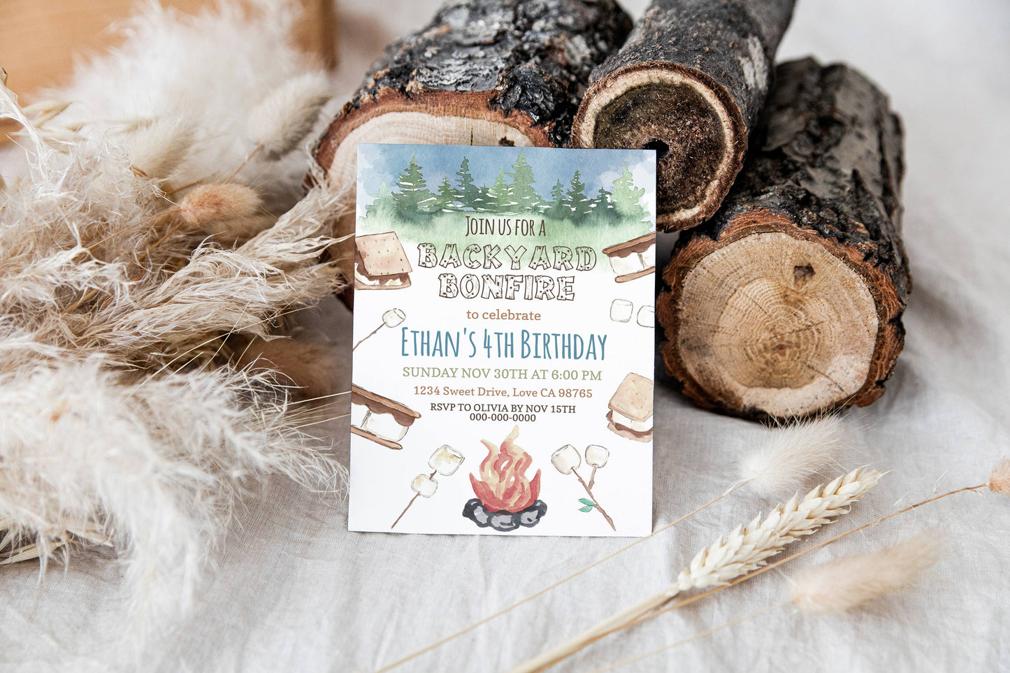 Backyard Bonfire Invitation | Editable Camping Birthday Party Invite - 04A