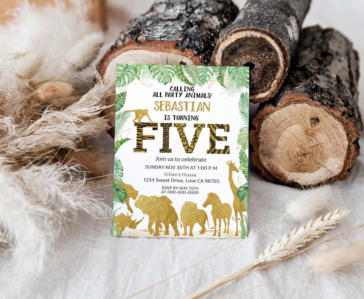 Gold Safari Animals 5th Birthday Invitation | Editable Five Birthday Invite - 35K