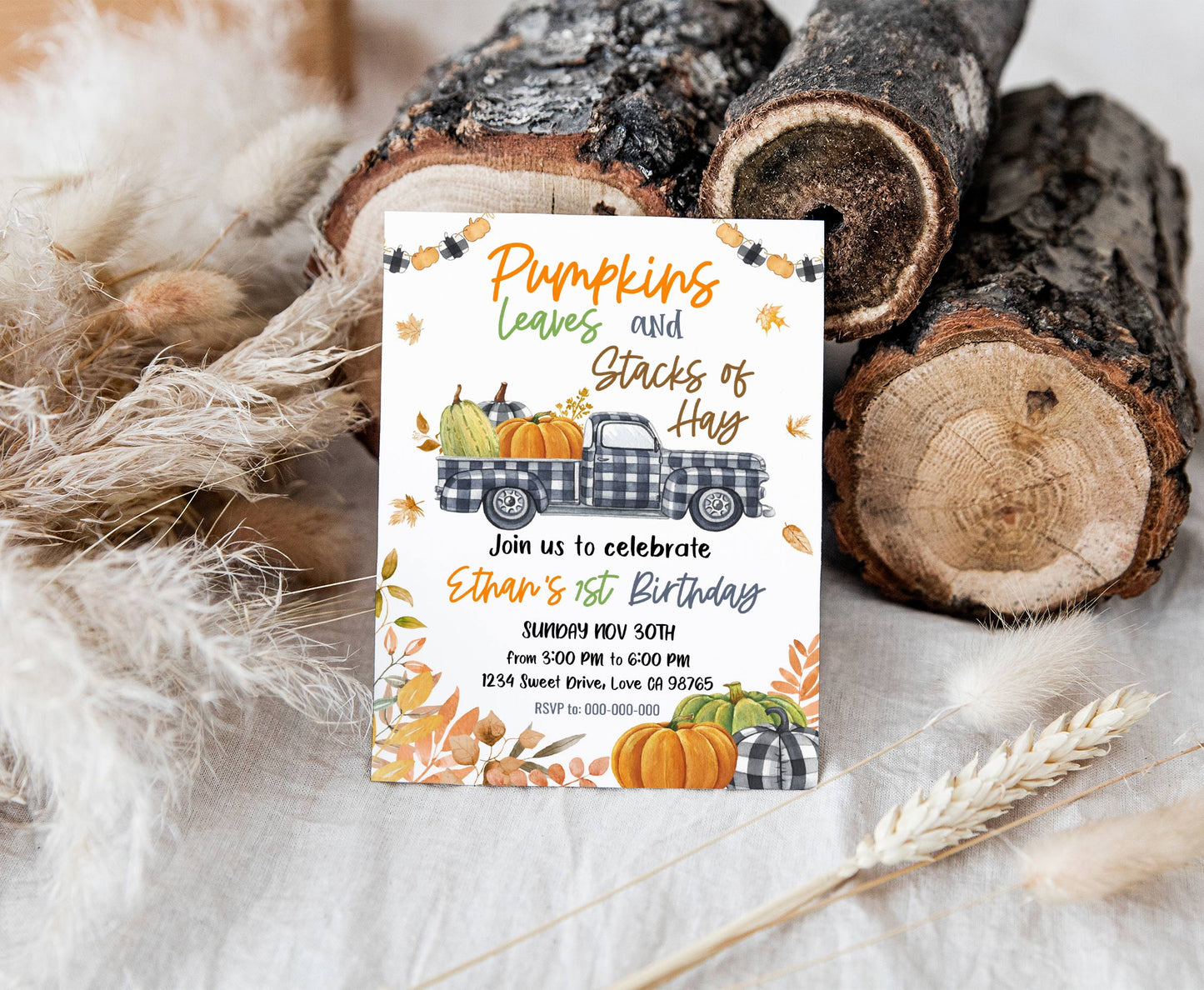 Pumpkin Truck Invitation | Editable Pumpkin Birthday Party - 30K