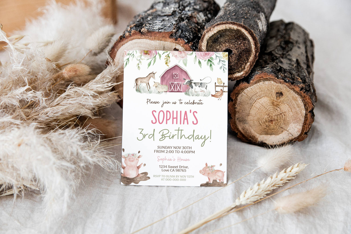 Floral Farm Birthday Invitation | Editable Girl Barnyard Bash Invite - 11B