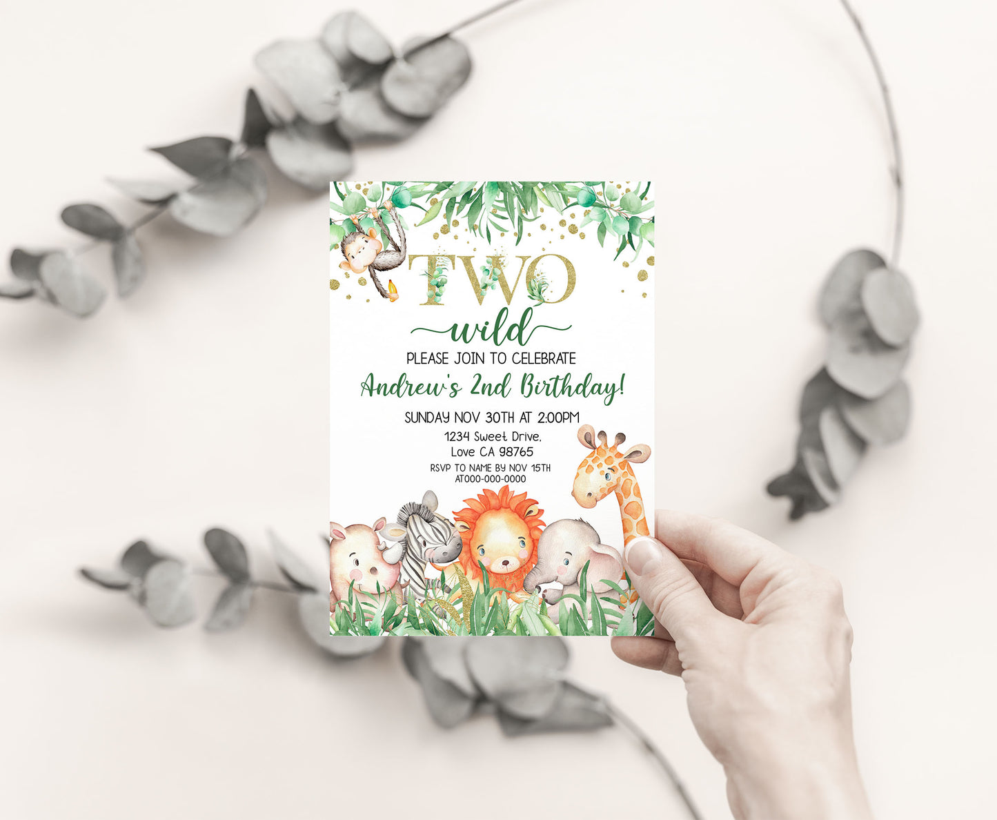 Two Wild safari Birthday Invitation | Editable Jungle Animals Party Invite - 35J