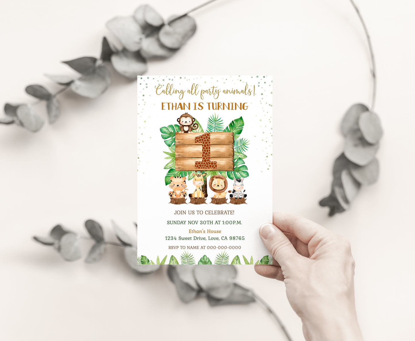 Safari 1st Birthday Invitation | Editable Jungle Theme Party Invited - 35E