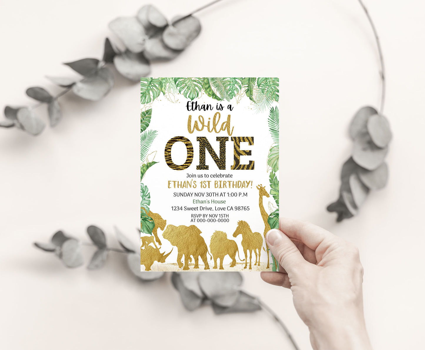 Gold Safari Animals 1st Birthday Invitation | Editable Wild One Birthday Invite - 35K