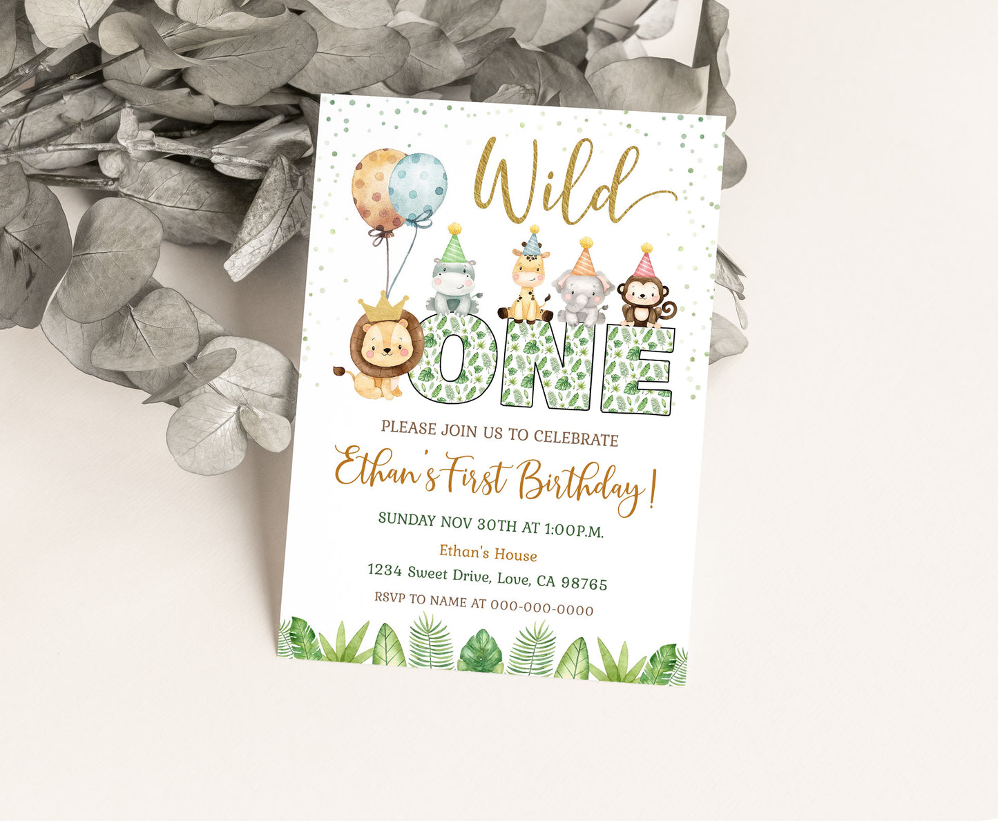 ONE Safari Birthday Invitation | Jungle Themed Party Invite - 35E