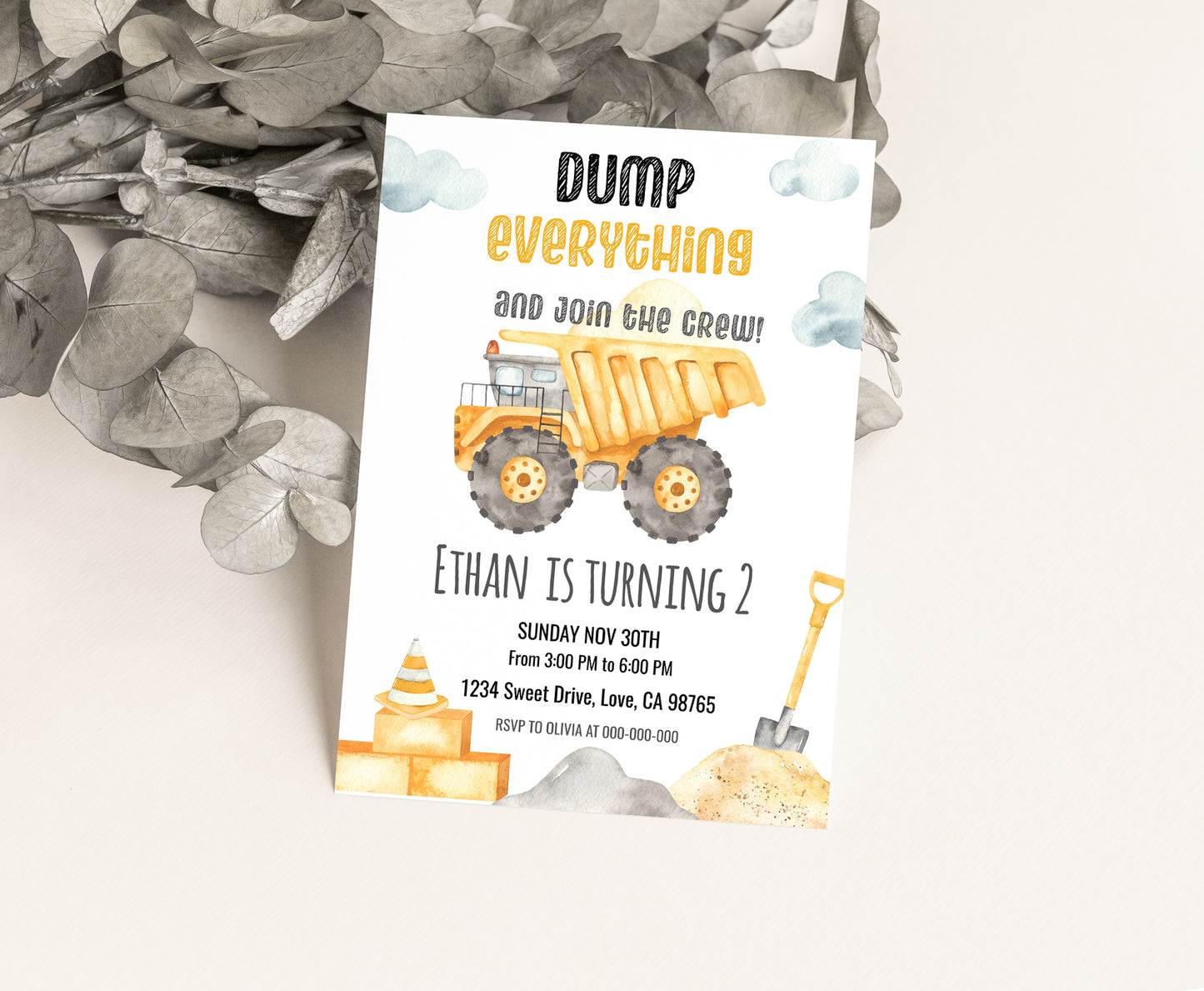 Dump Truck Birthday Invitation | Editable Construction Party Invite - 07A