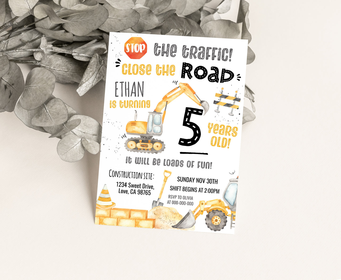 Construction Birthday Party Invitation | Editable Under Construction Theme Invite - 07A