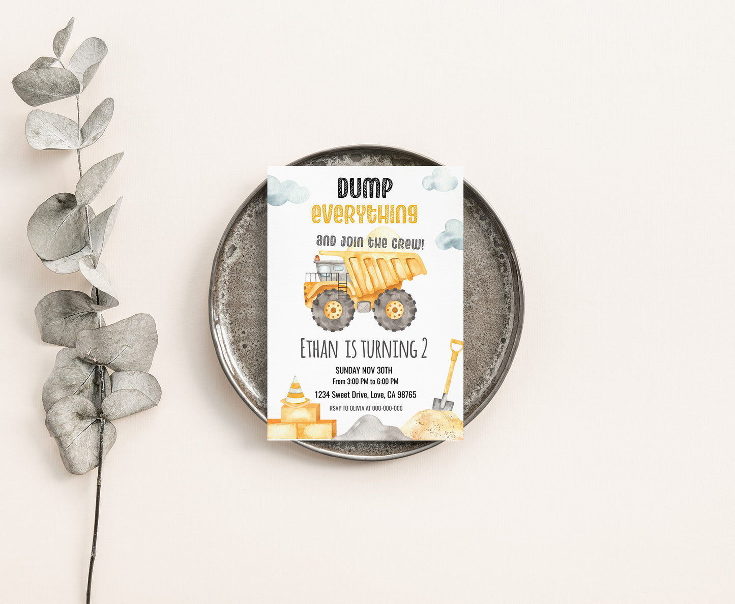 Dump Truck Birthday Invitation | Editable Construction Party Invite - 07A