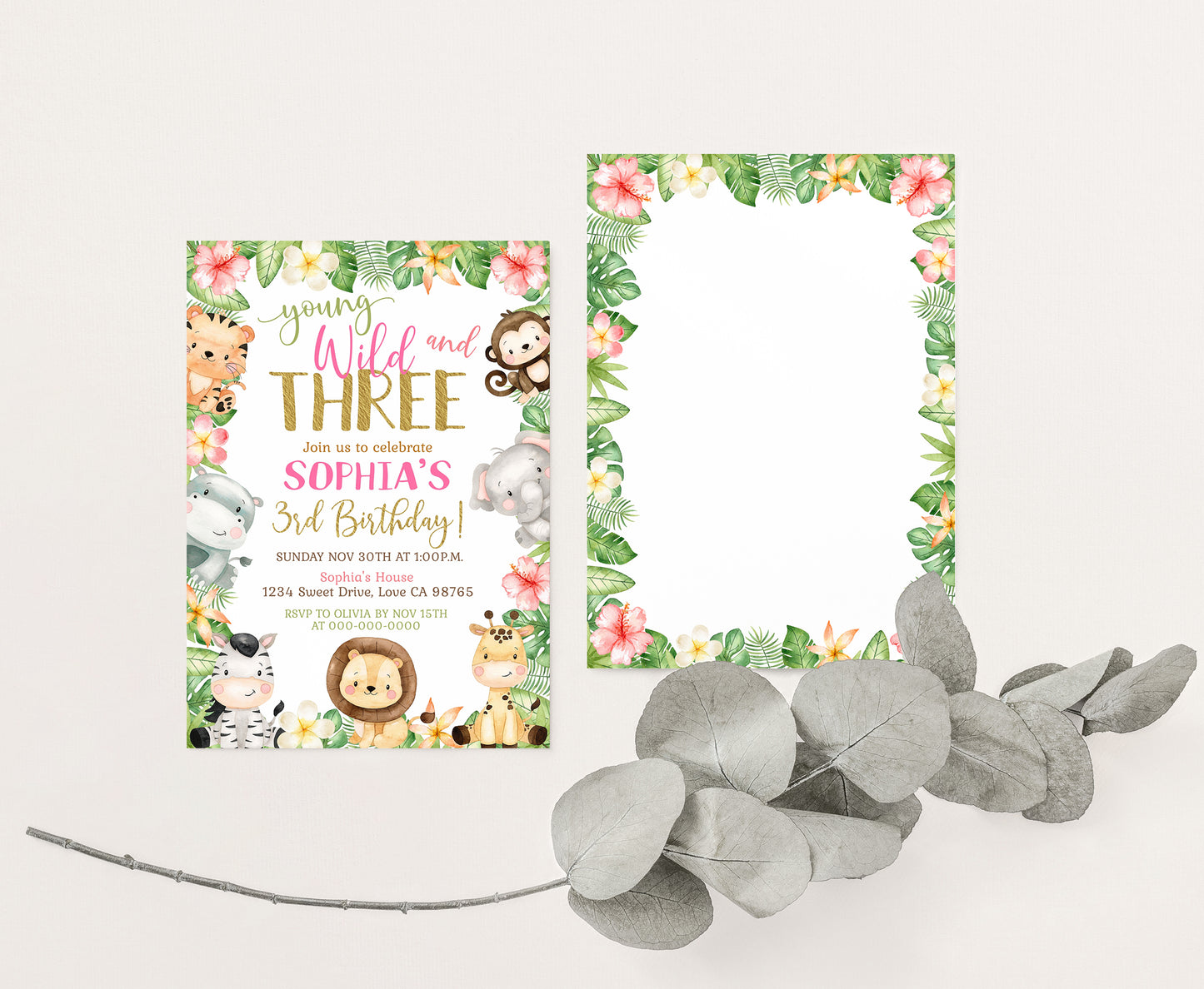 Young Wild and Three Invitation | Editable Girl Safari Birthday Party Invite - 35E