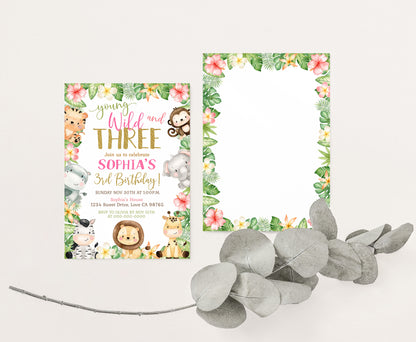 Young Wild and Three Invitation | Editable Girl Safari Birthday Party Invite - 35E