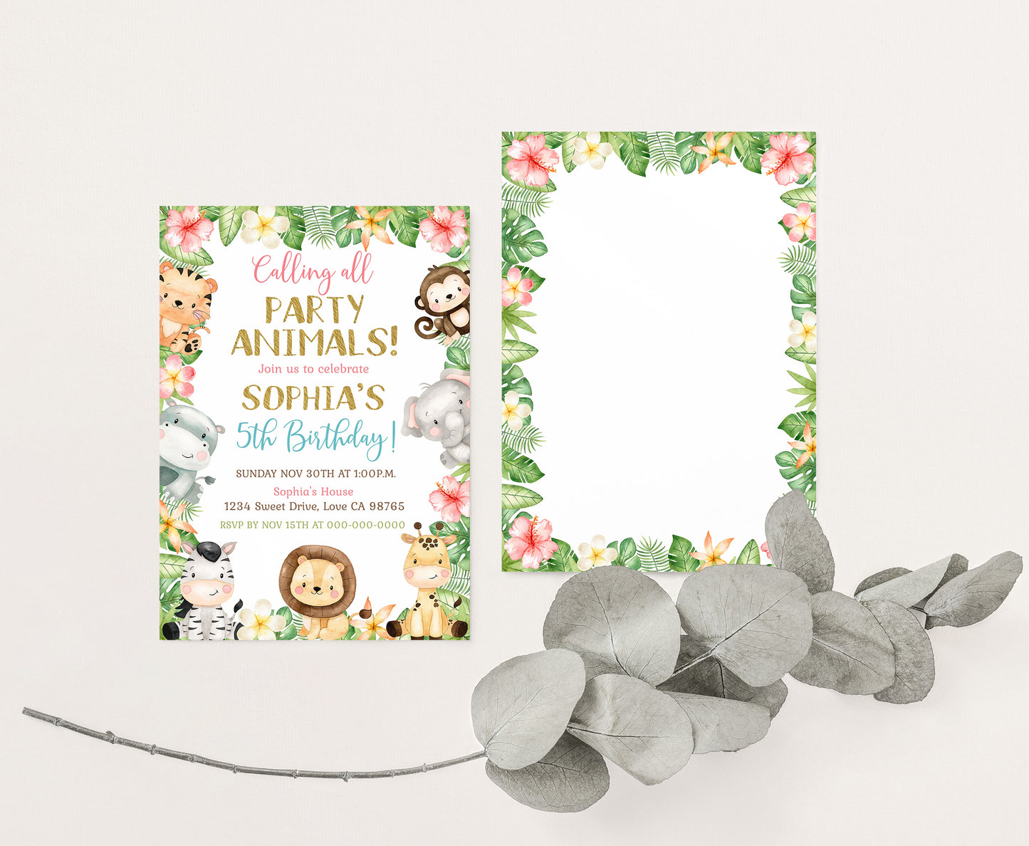 Calling all Party Animals, Girl Safari Party Animals Invitation | Editable Floral Jungle Birthday Invite - 35E