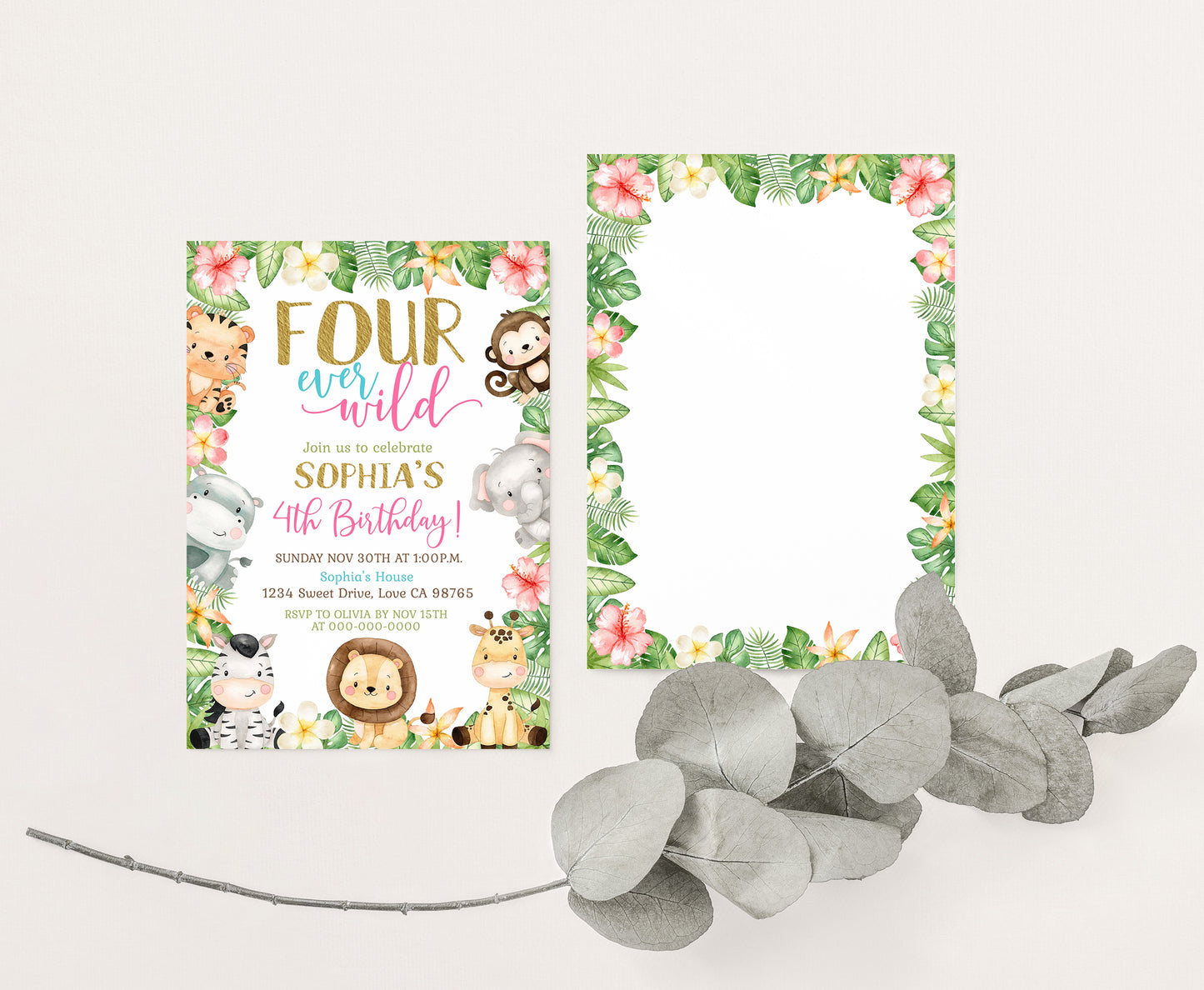 Four ever wild Birthday Invitation | Editable Girl Safari Party Invite - 35E