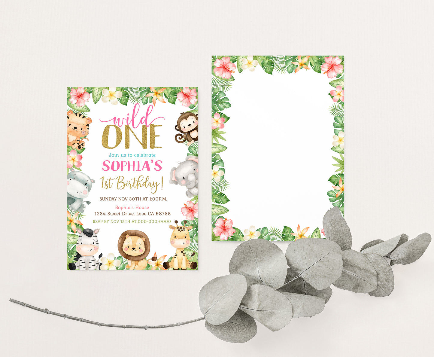 Girl Safari Birthday Invitation | Editable Floral Jungle Animals Party Invite - 35E