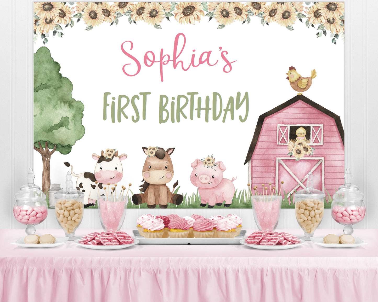 Editable Sunflowers Farm Birthday Backdrop Banner | Pink Barnyard Party Sign - 11G