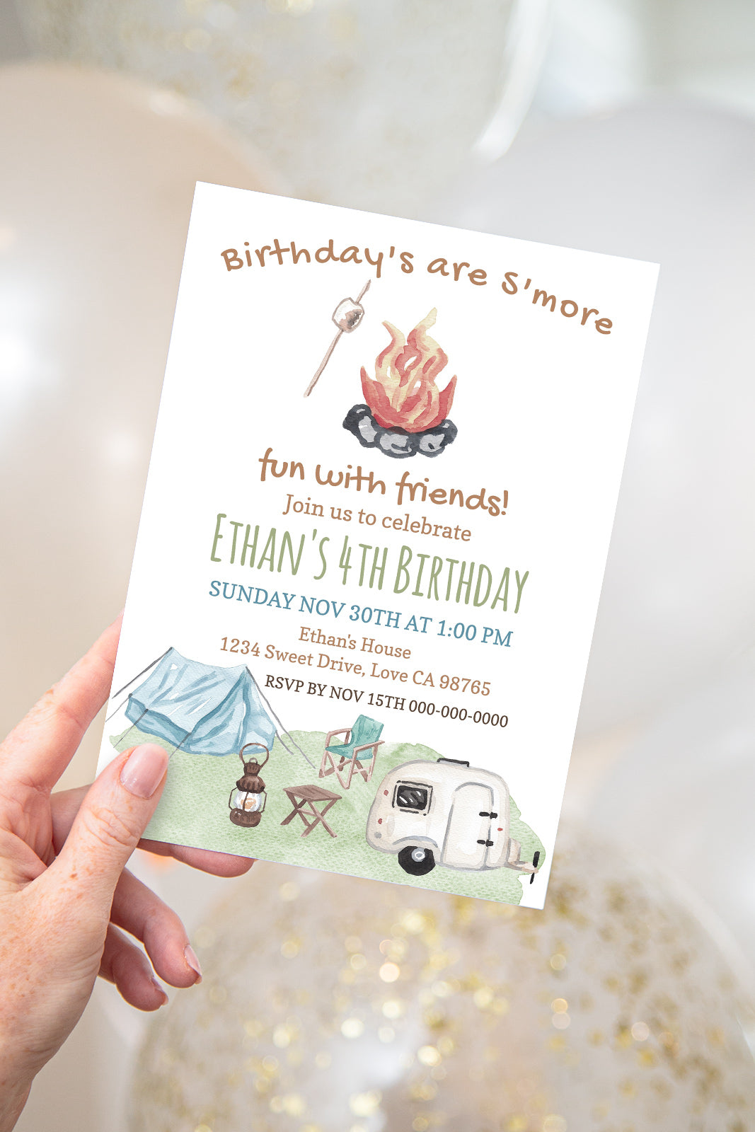 Camping Birthday Invitation | Editable Smores Birthday Party Invite - 04A