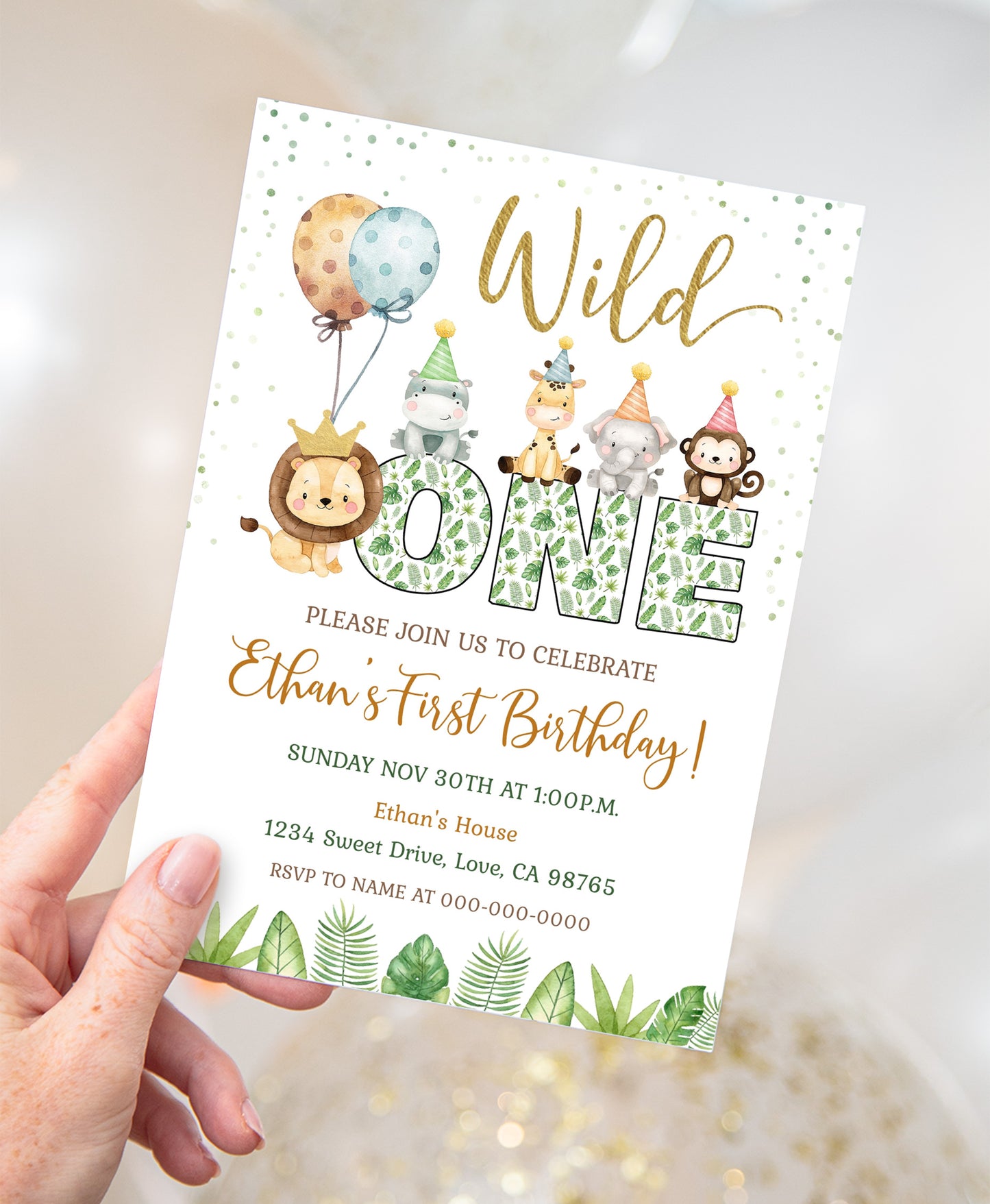 ONE Safari Birthday Invitation | Jungle Themed Party Invite - 35E