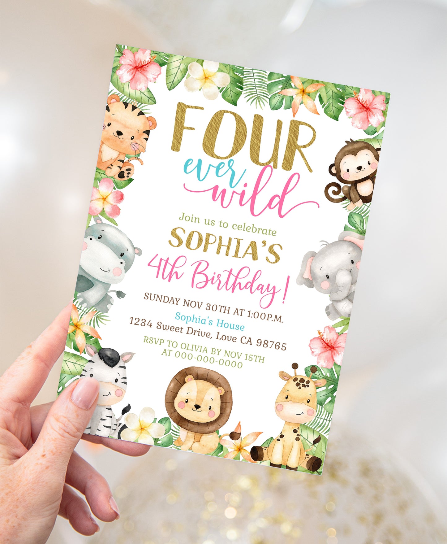 Four ever wild Birthday Invitation | Editable Girl Safari Party Invite - 35E