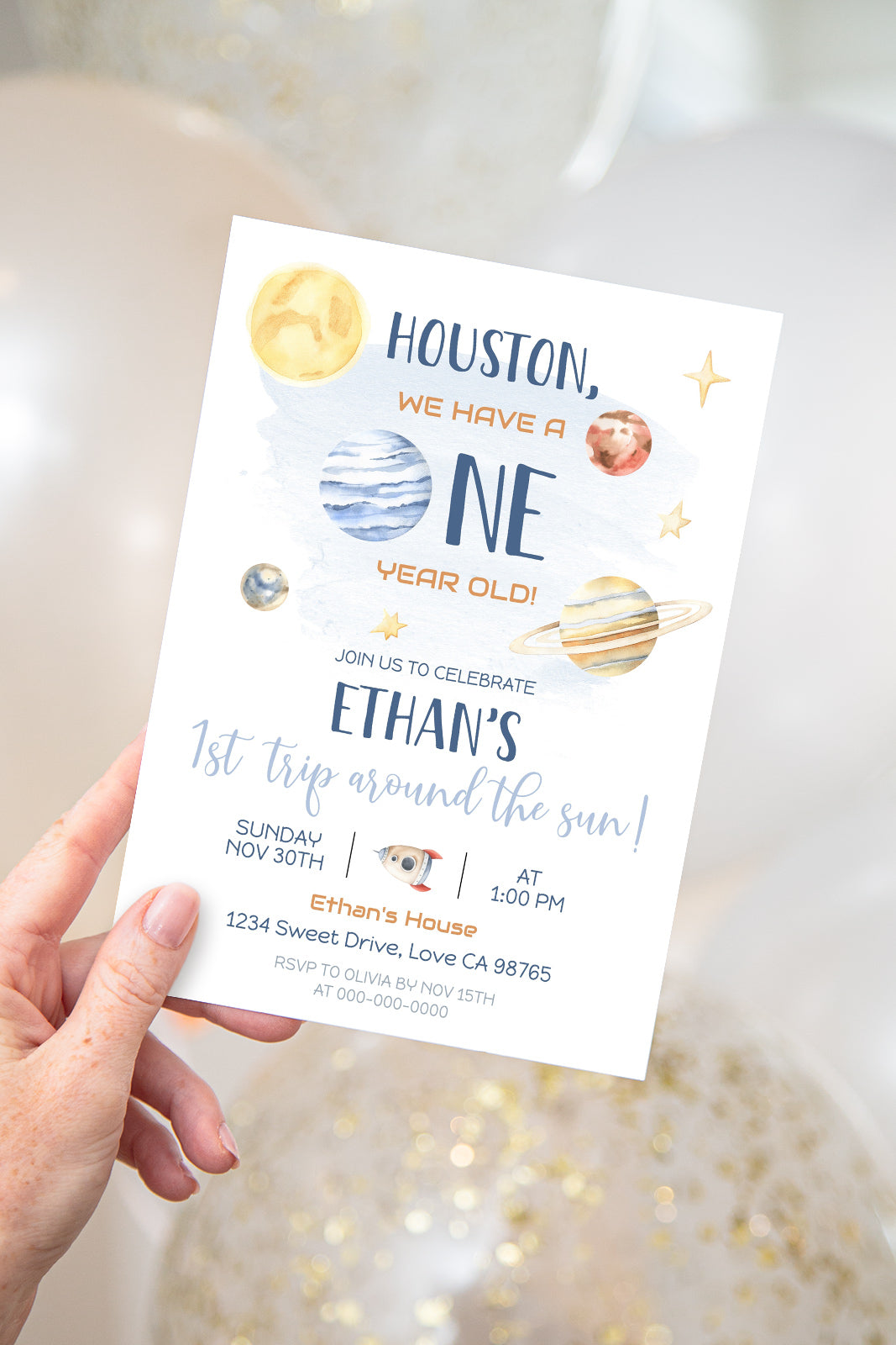 Houston Space 1st Birthday Invitation | 1st trip around the sun Invite - 39B