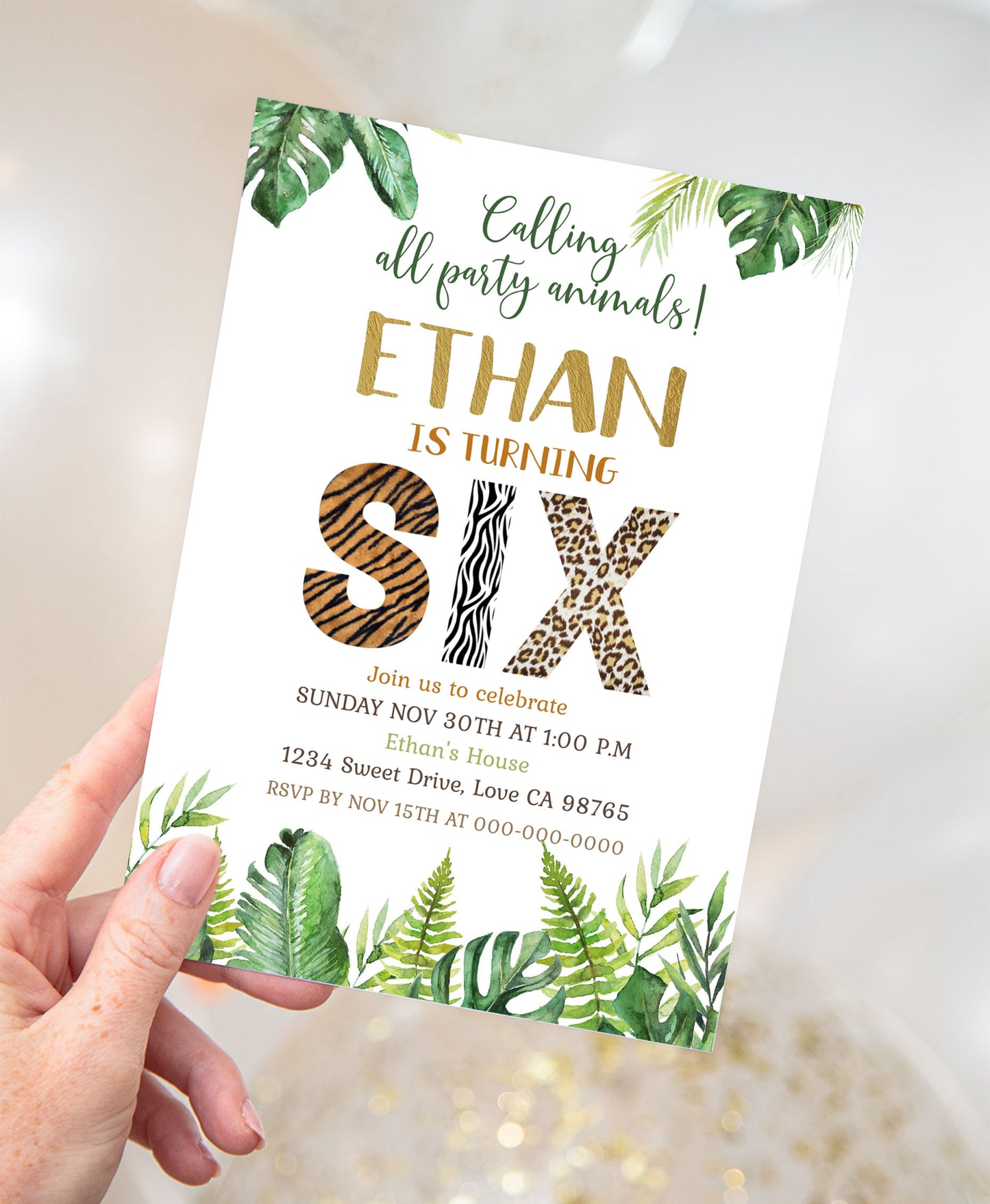 Six Birthday Invitation Animal Print | Safari 6th Birthday Invite - 35H