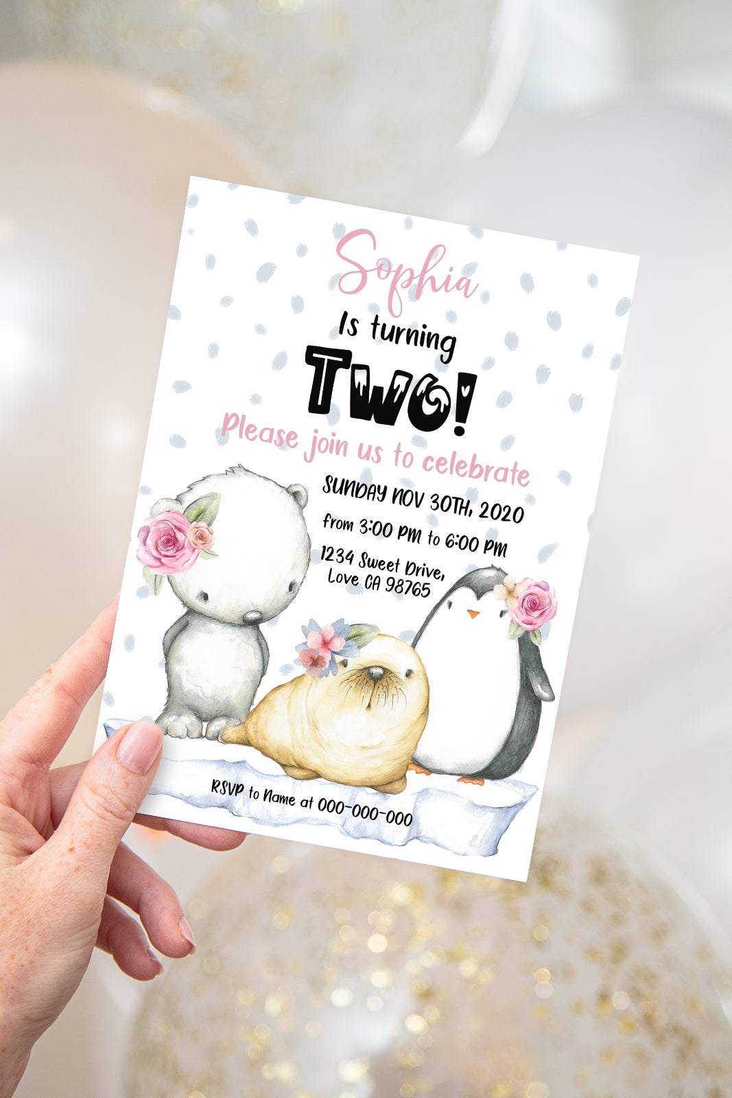 Girl Arctic Animals Birthday Invitation | Editable Winter Party Invite - 77A