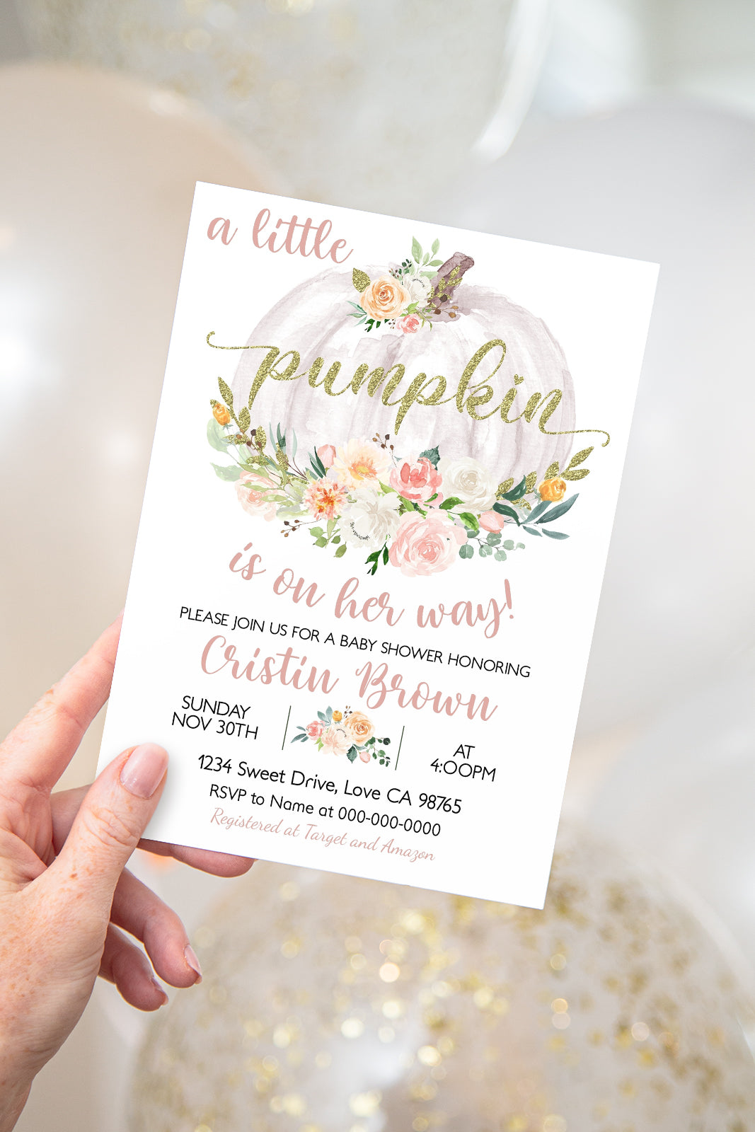 A Little Pumpkin is on the Way Invitation | Editable Pumpkin Baby Shower Girl Invite - 30H