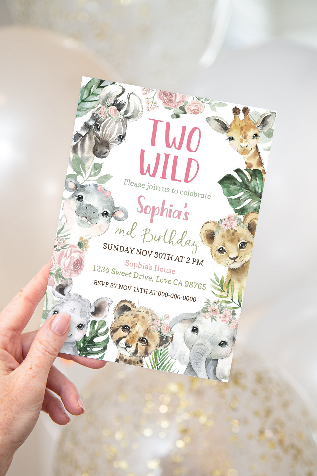 Two Wild Birthday Invitation Girl | Floral Safari 2nd Birthday Party Invite - 35A