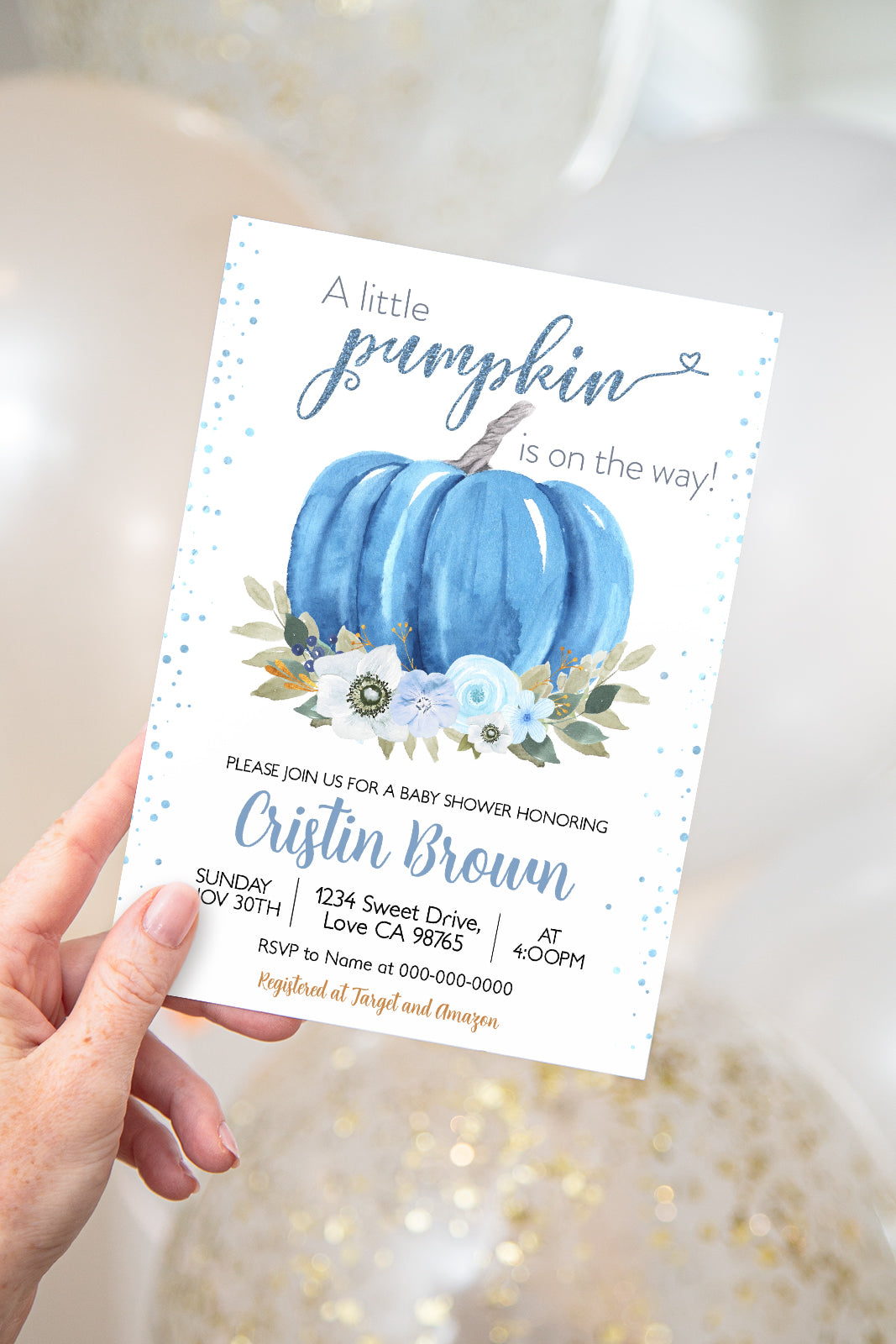 A Little Pumpkin is on the Way Invitation | Editable Pumpkin Baby Shower Boy Invite - 30B