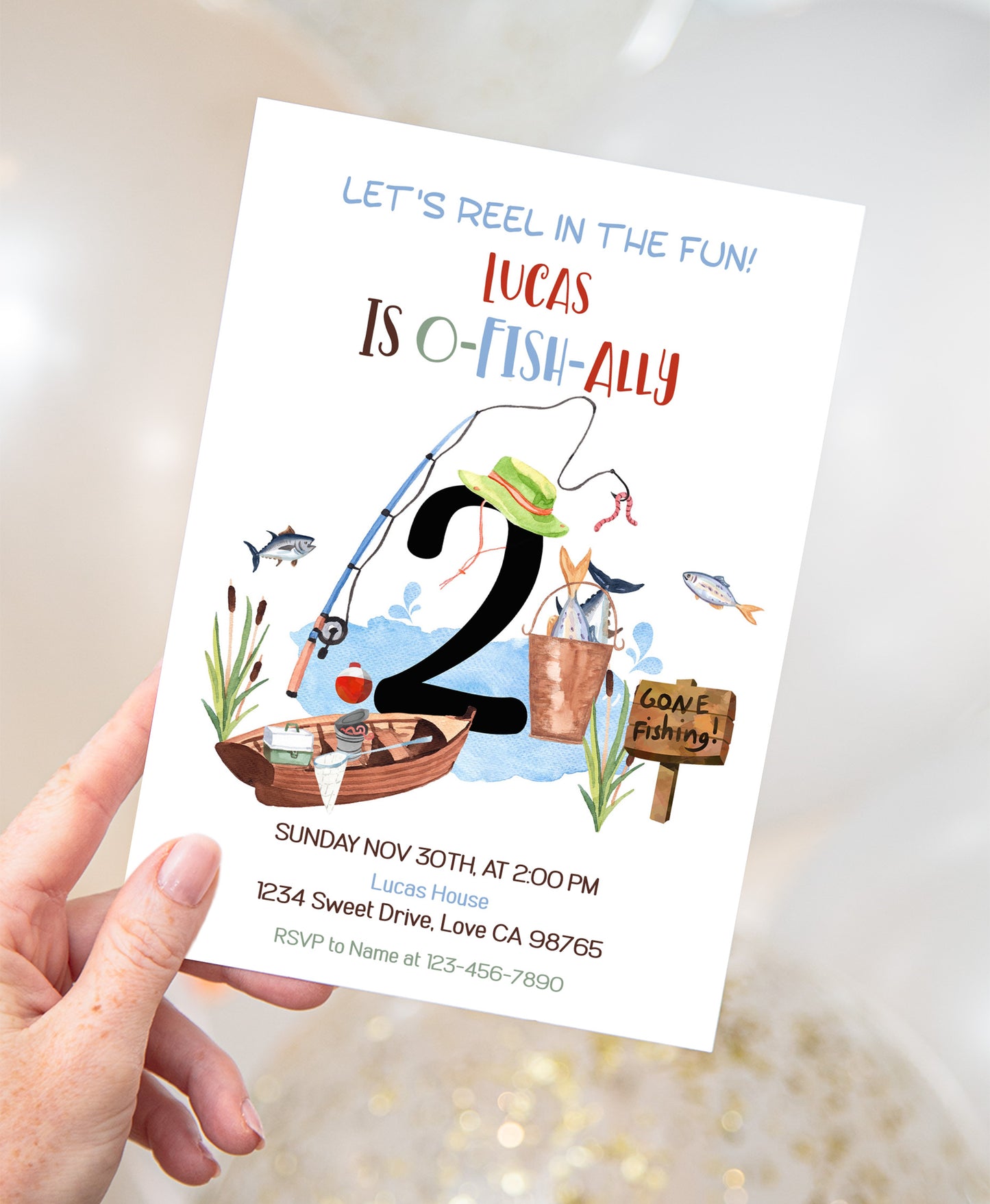 O-Fish-Ally two Birthday Invitation | Editable Fishing Theme Party Invite - 97A