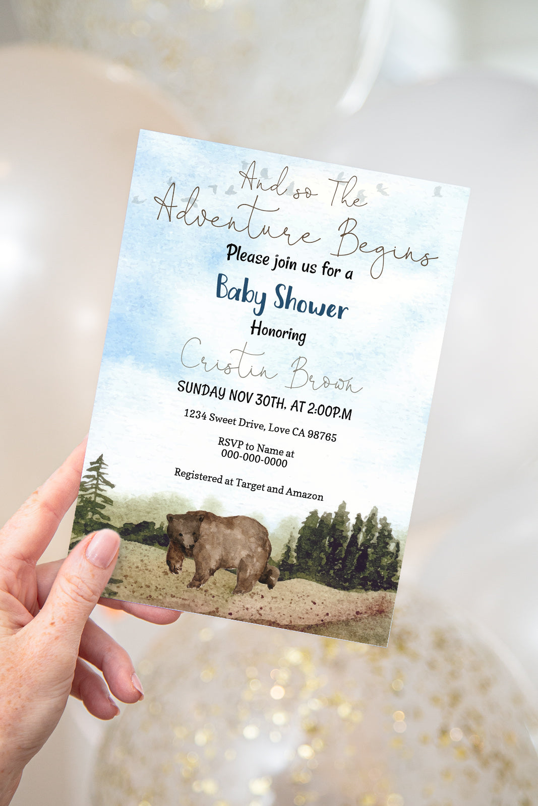 Bear Baby Shower Invitation | Editable Woodland Baby Boy Shower Invite - 47H2