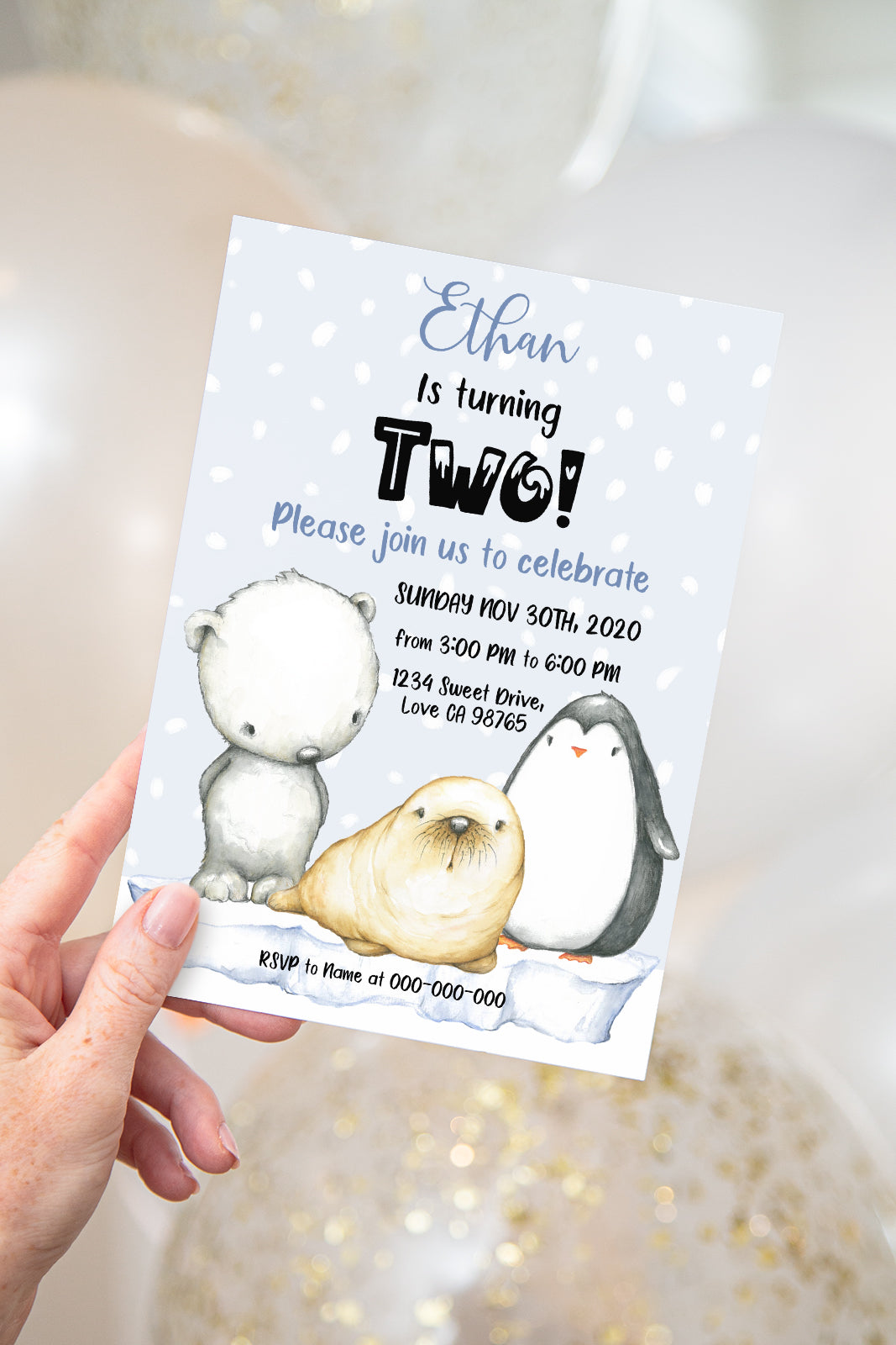 Arctic Animals Birthday Invitation Boy | Editable Winter Party Invite - 77A1