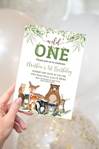 Wild One Birthday Invitation | Editable Woodland First Birthday Party Invite - 47J0