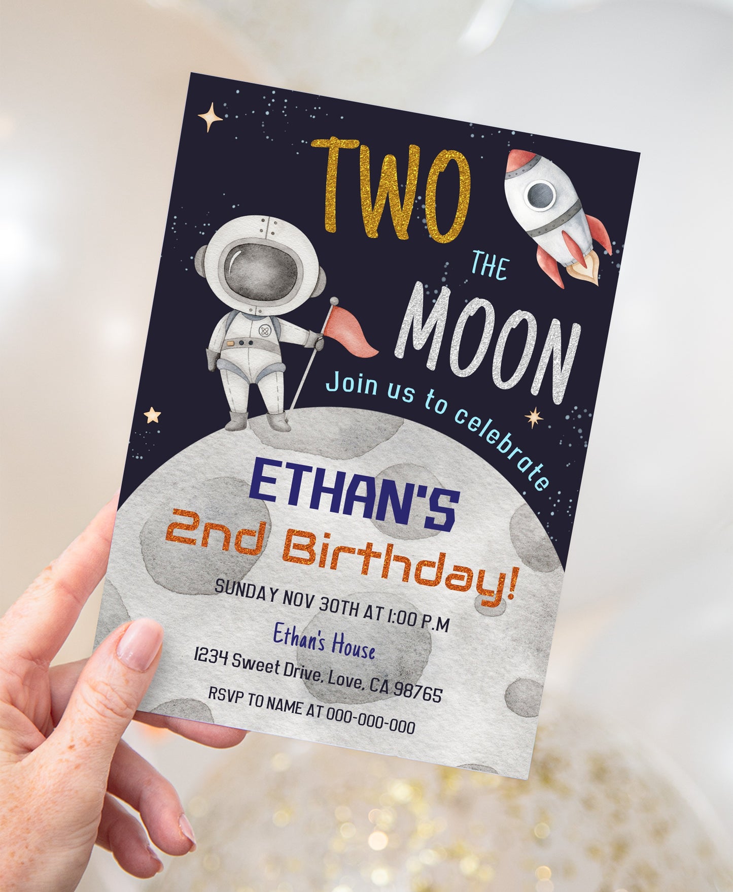 Two The Moon Party Invitation | Editable Space 2nd Birthday Invite - 39C