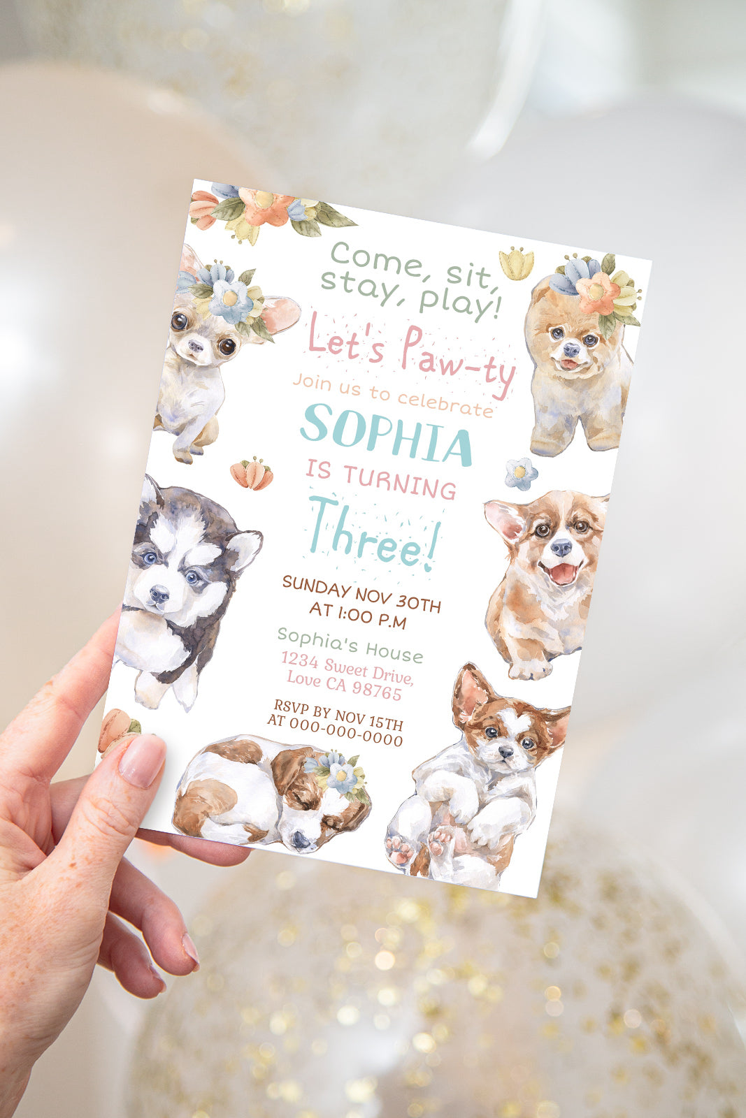 Girl Dog Birthday Invitation | Puppy Party Invite - 72A