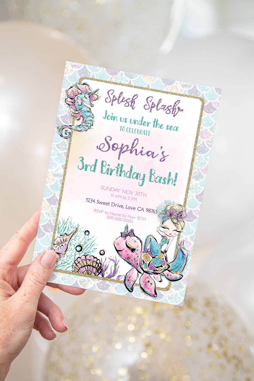 Mermaid Birthday Invitation | EDITABLE Under The Sea Girl Party Invite - 20B1