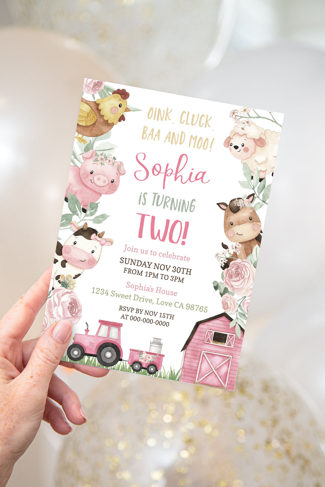 Floral Farm Animals Party Invitation | Girl Barnyard Birthday Invite - 11A