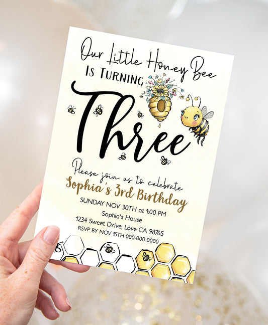 Our Little Honey Bee is Turning Three | Bee 3rd Birthday Party Invite - 61A