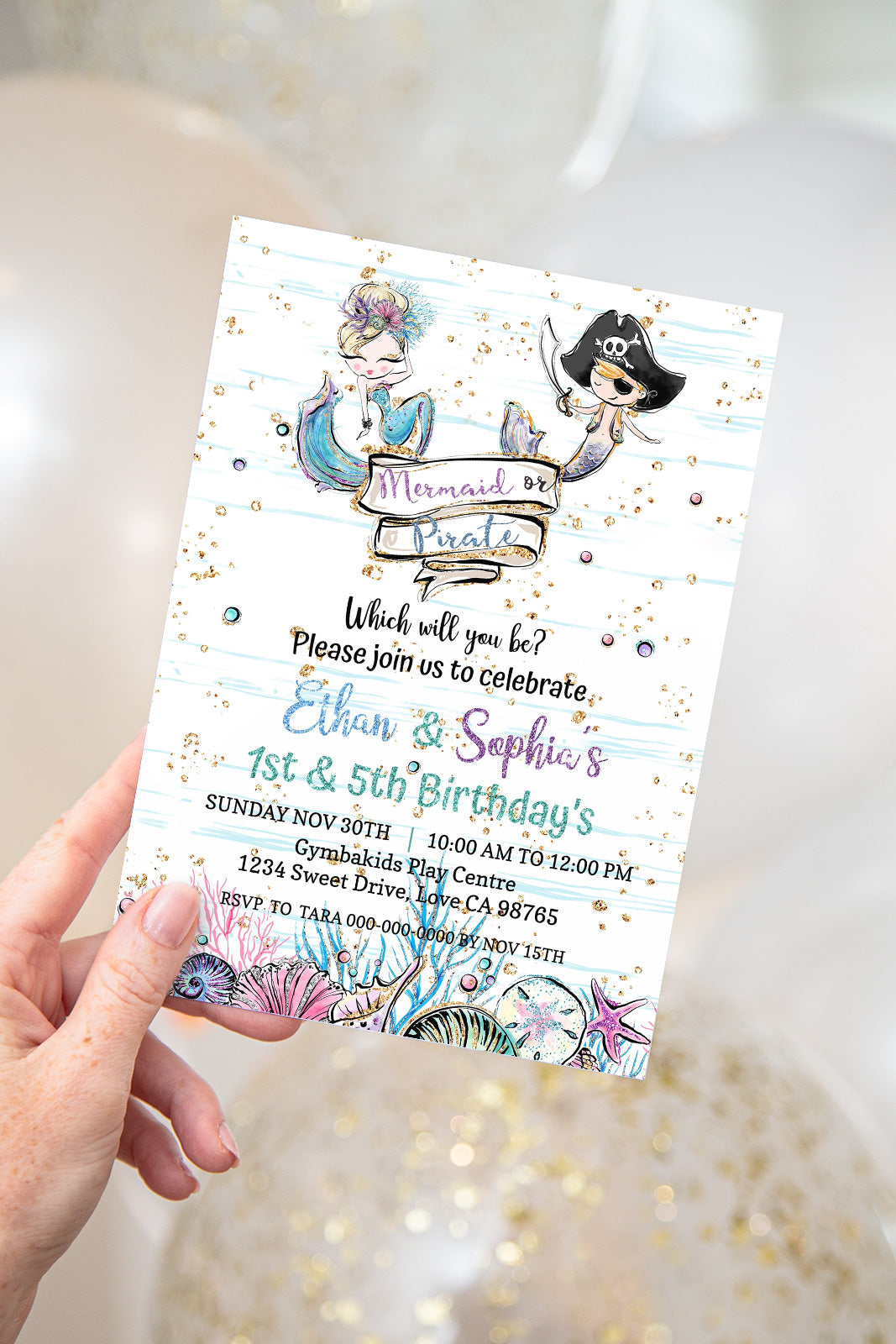 Mermaid and Pirate Party Invitation | EDITABLE Twins Birthday Invite - 20A1