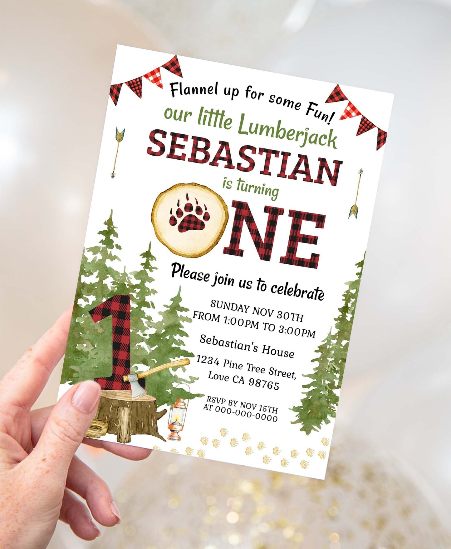 Lumberjack First Birthday Invitation | Editable Buffalo Plaid Invite - 19A