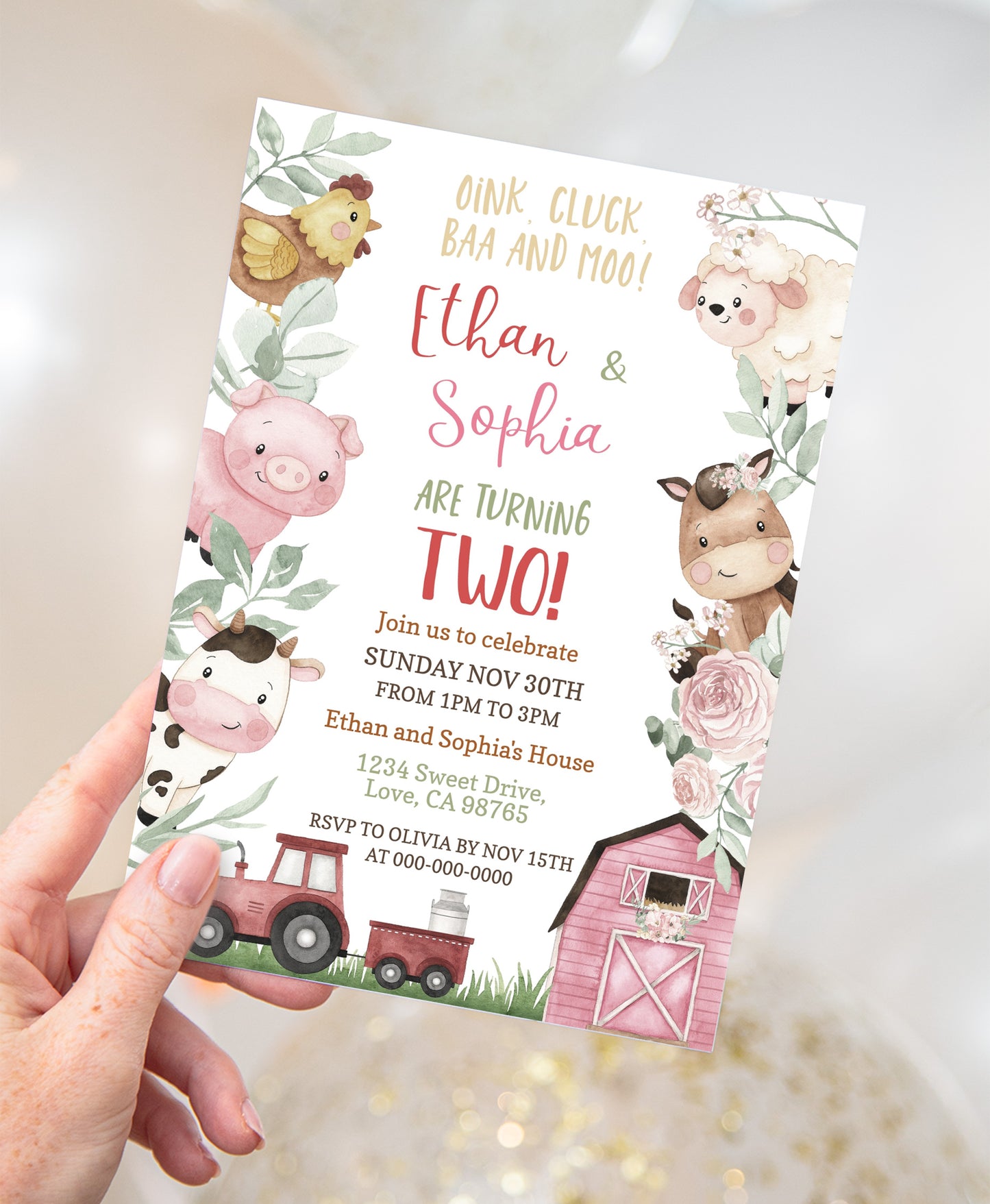 Farm Twins Birthday Invitations | Editable Barnyard Boy and Girl Party Invite - 11A