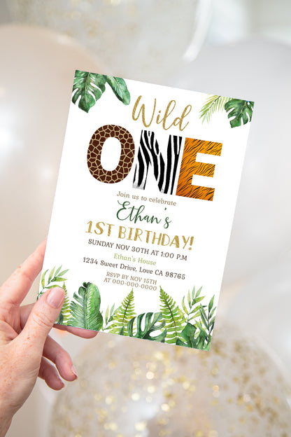 Editable Wild One Birthday Invitation Animal Print | Safari 1st birthday Party Invite - 35H