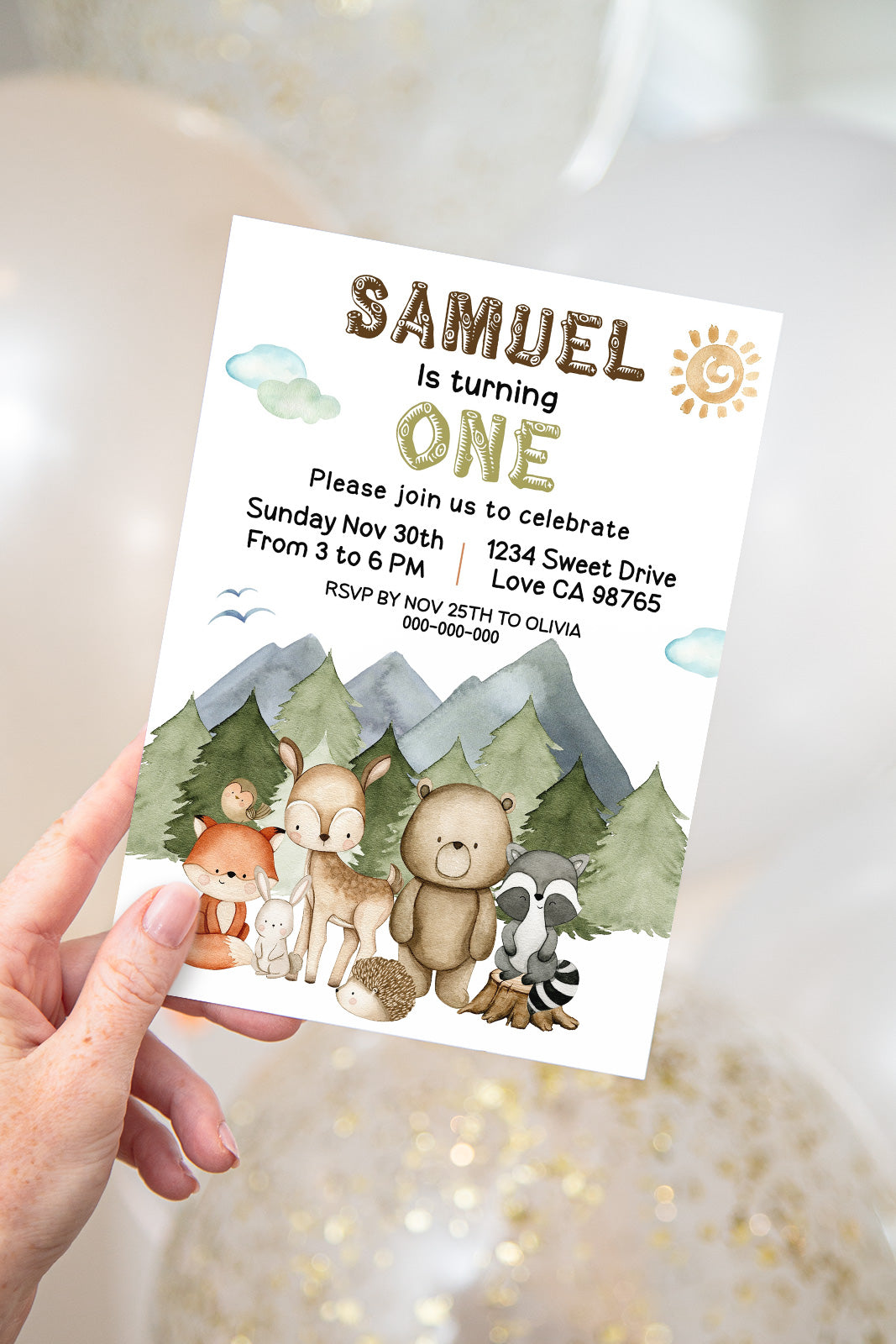 EDITABLE Woodland 1st Birthday Invitation | Forest Animals Birthday Party Invite - 47I