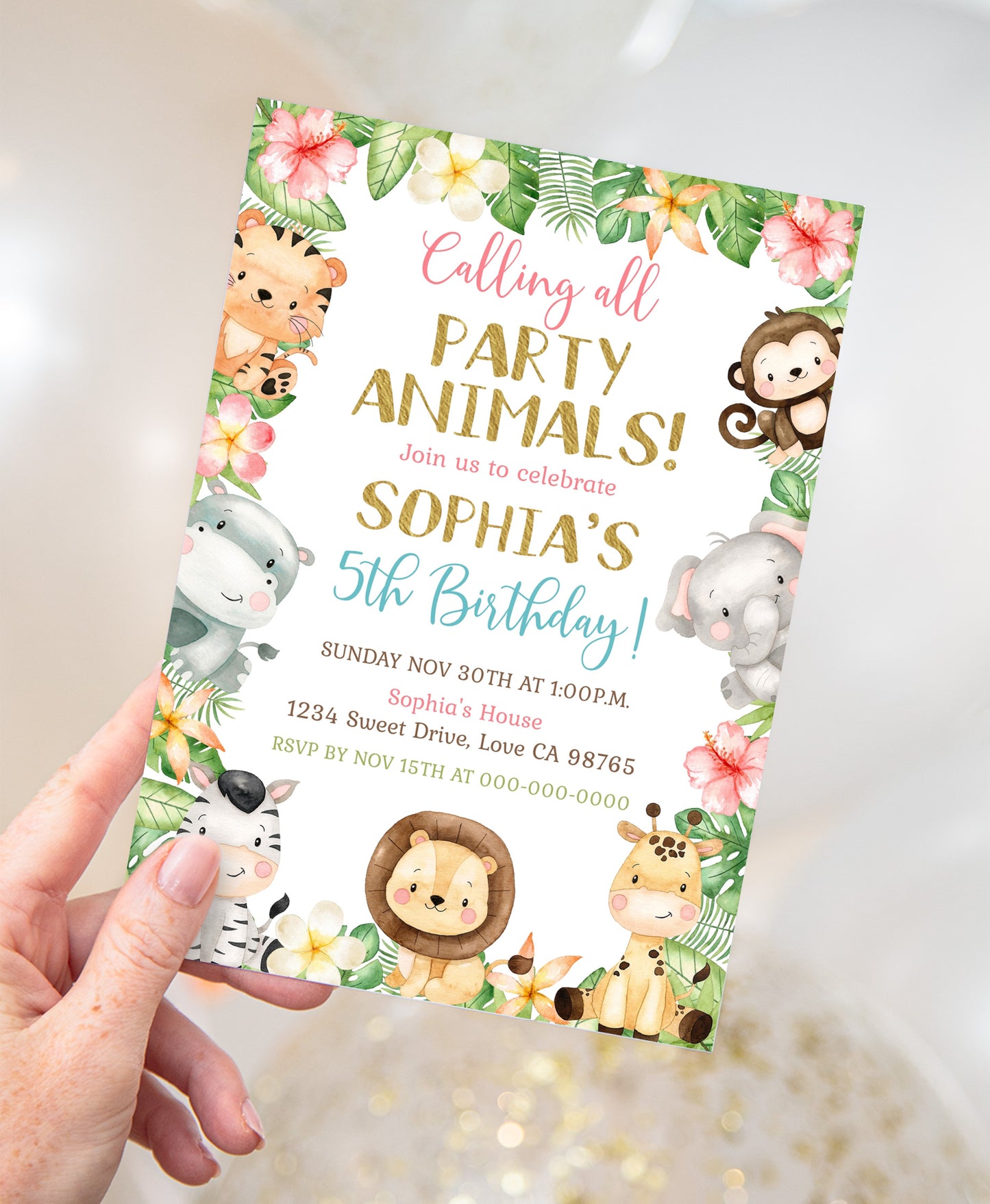 Calling all Party Animals, Girl Safari Party Animals Invitation | Editable Floral Jungle Birthday Invite - 35E