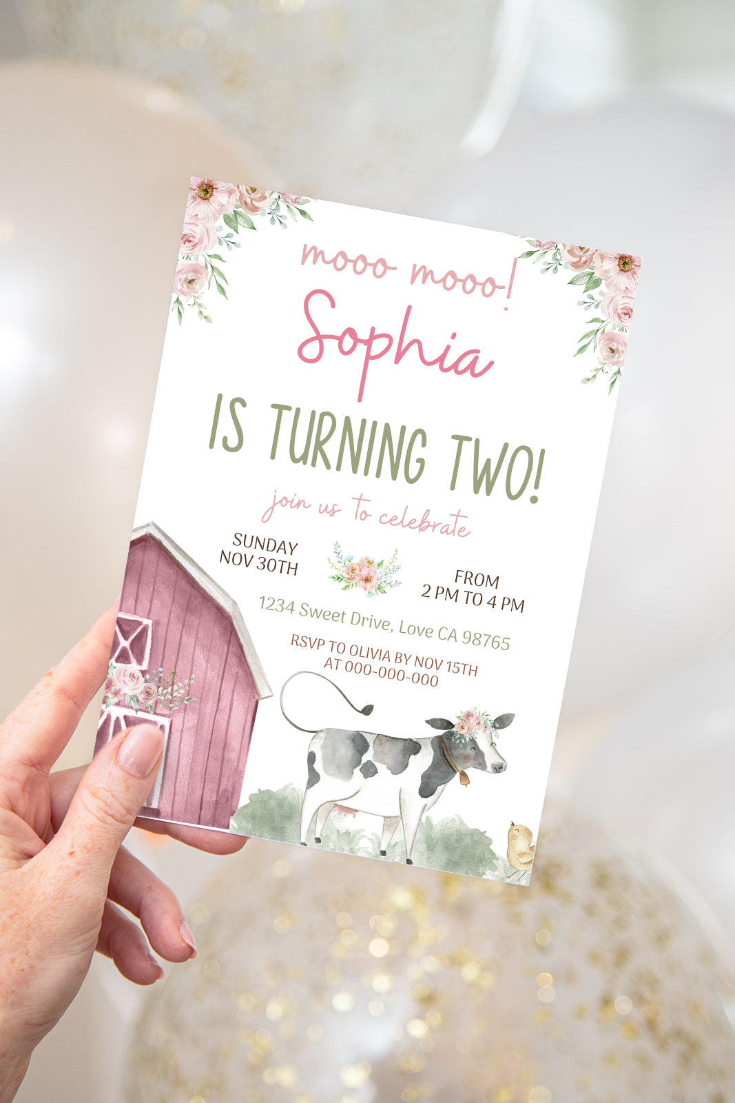 Floral Cow Birthday Invitation | Editable Girl Farm Birthday invite - 11B