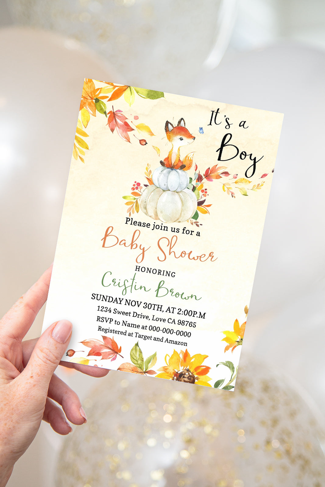 Editable It's a Boy Pumpkin Invitation | Fall Fox Baby Shower - 30F2