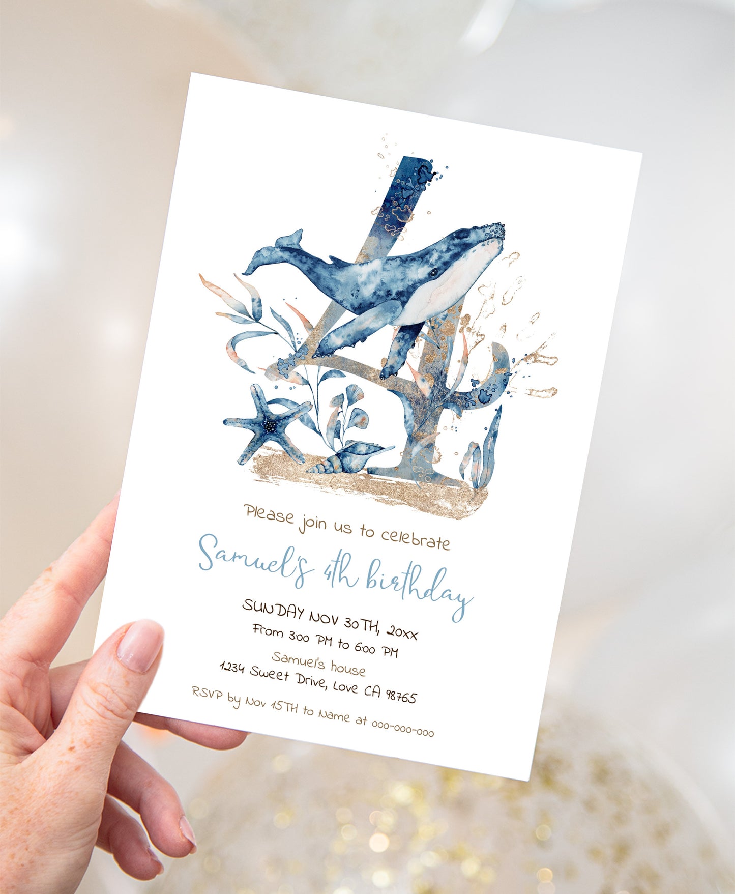 Whale fourth Birthday Invitation | Editable Under the sea Invite - 44C