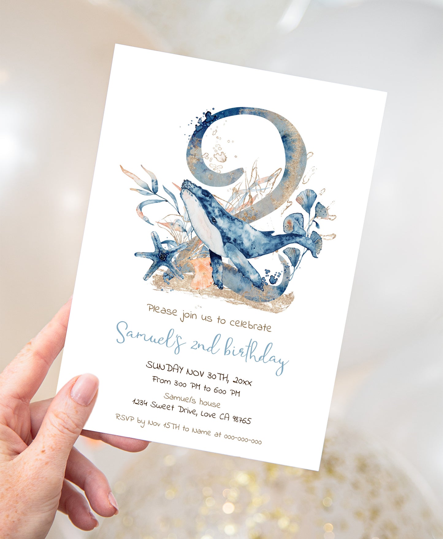 Whale second birthday Invitation | Editable Under the sea Invite - 44C