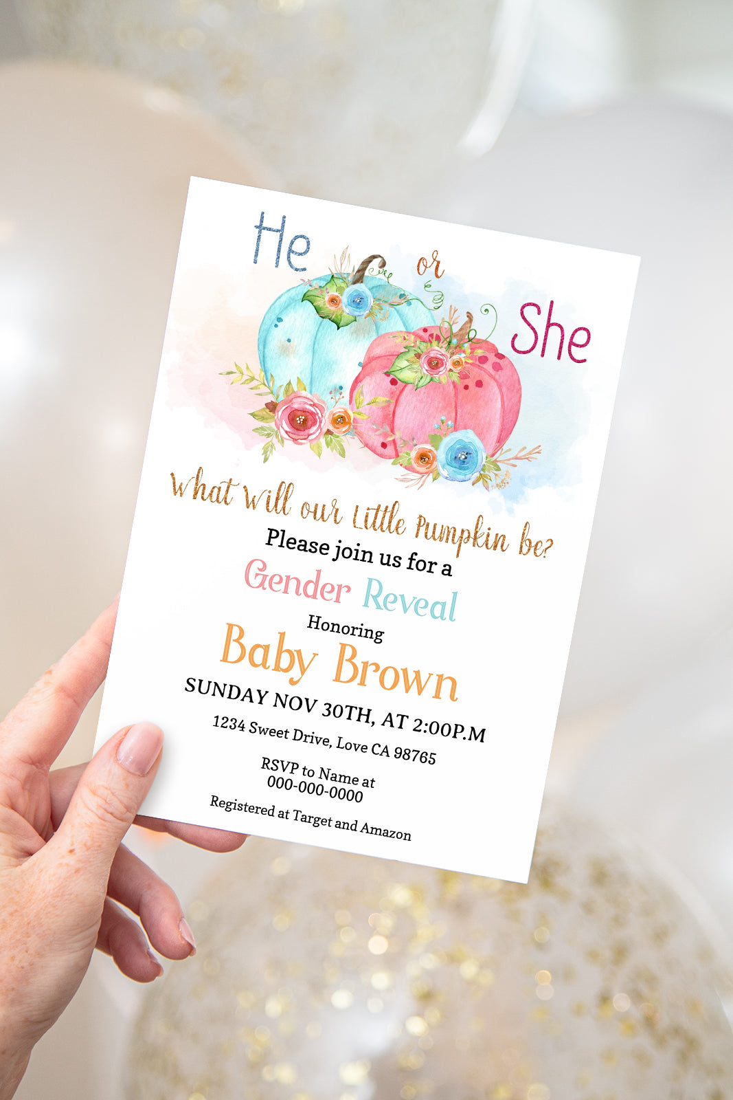 Little Pumpkin Editable He or She? Invitation | Pumpkin Gender Reveal 30A