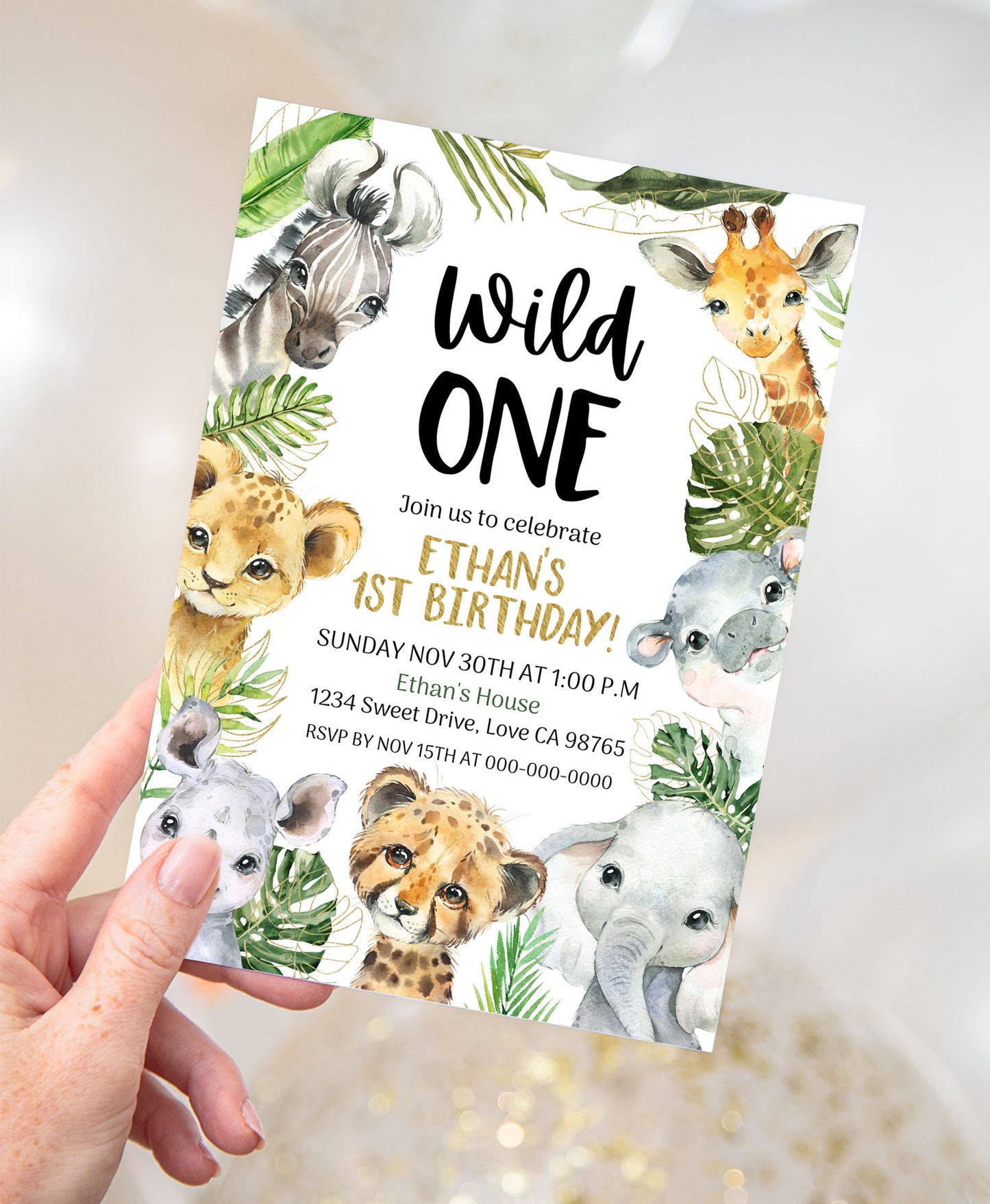 Safari Wild One Invitation | Editable Jungle Animals 1st Birthday Invite - 35A