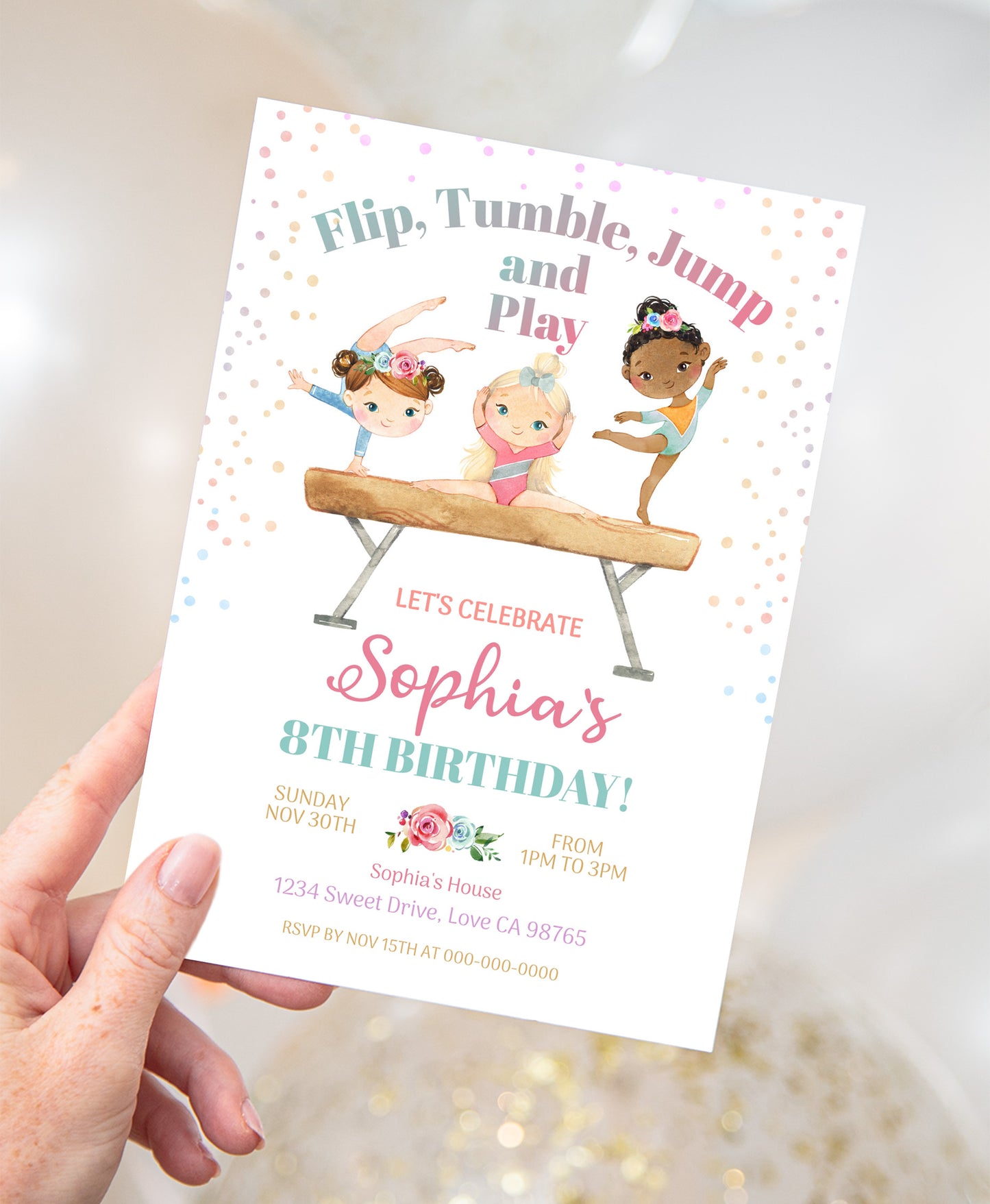 Floral Gymnastic Birthday Invitation Girl | Gymnastic Party Invite - 99A